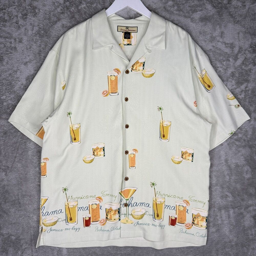 Tommy Bahama Shirt Mens Large Silk Cocktail Drinks Hula Girl Aloha Loop Collar